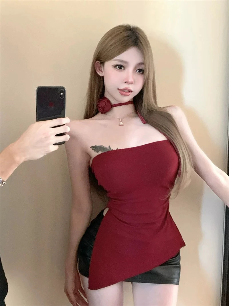 复古辣妹风夏季带胸垫不规则修身显瘦抹胸背心女上衣