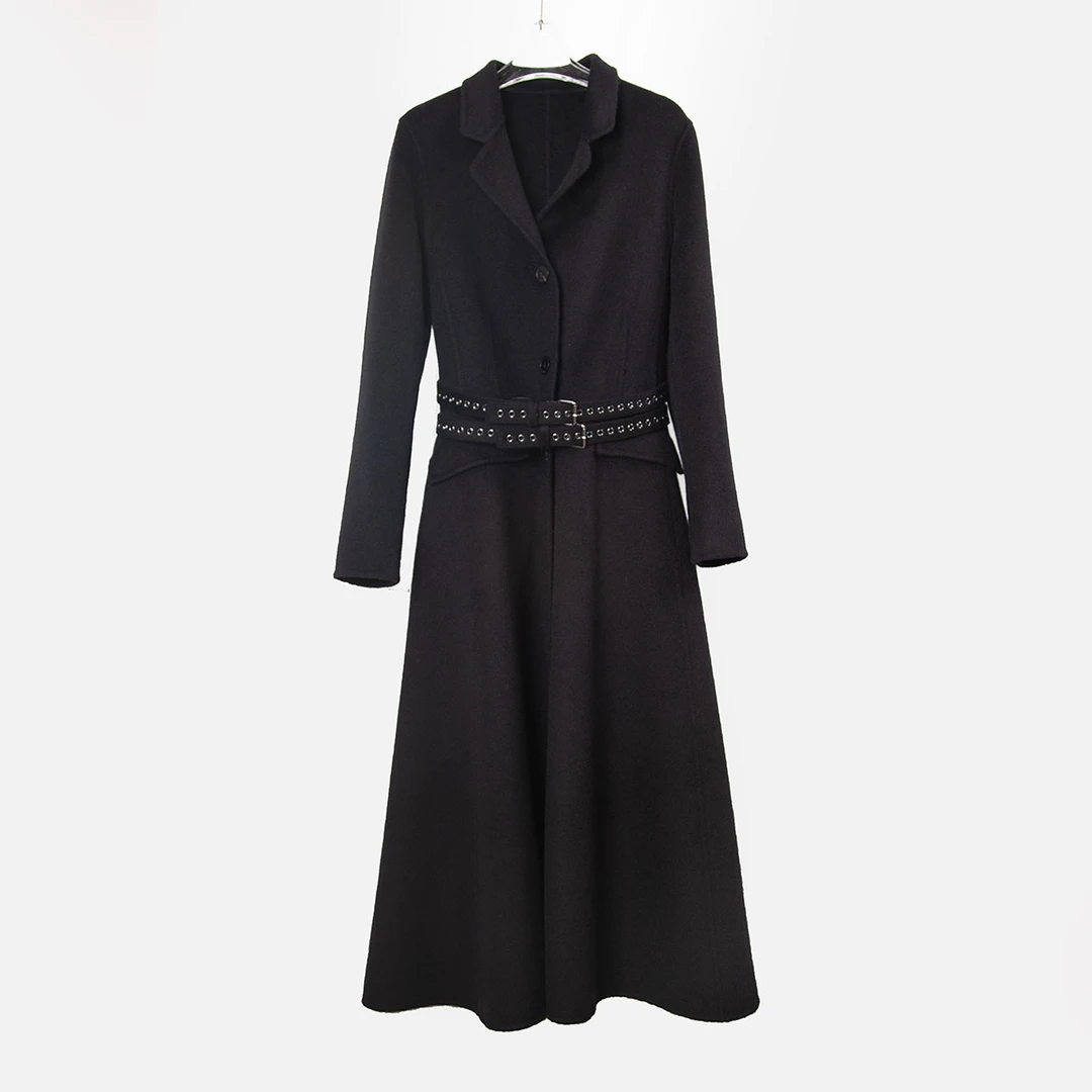 【六丑】新款精品女装百搭气质款黑色双腰带大衣209ADY0004