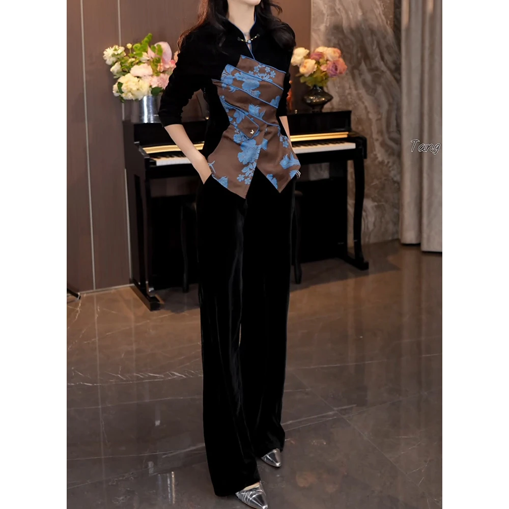 新中式复古国风丝绒两件套2025秋新高端设计印花拼接盘扣衬衫长裤