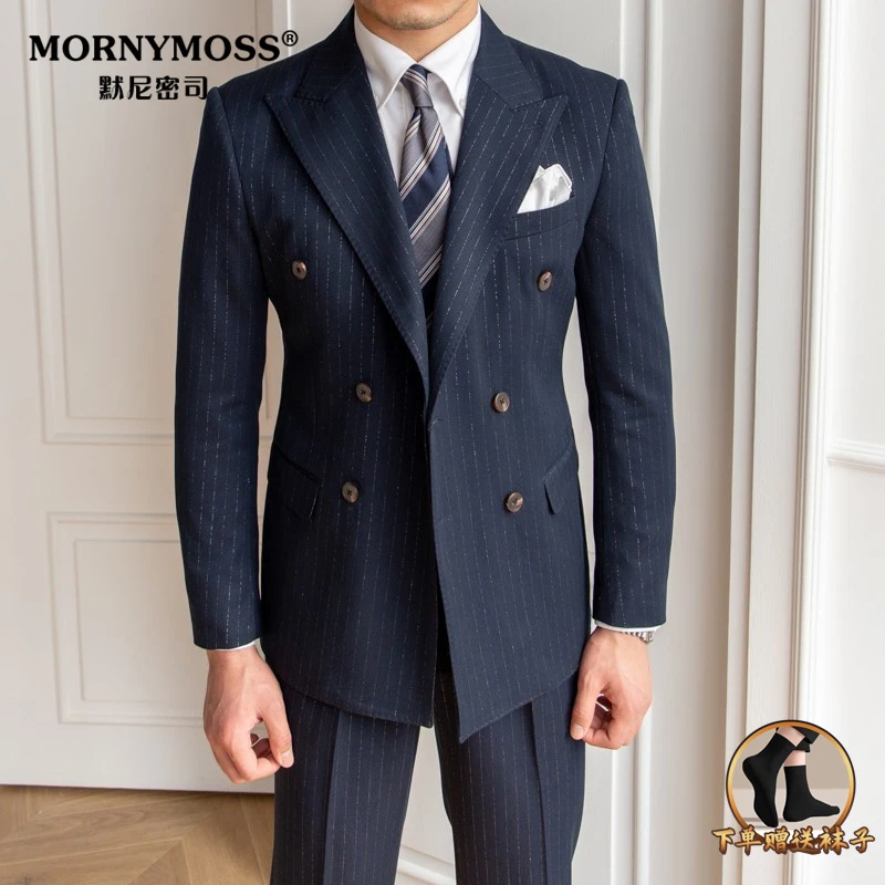英伦金丝宴会商务休闲条纹双排扣气质西服套装复古西装男男士时尚
