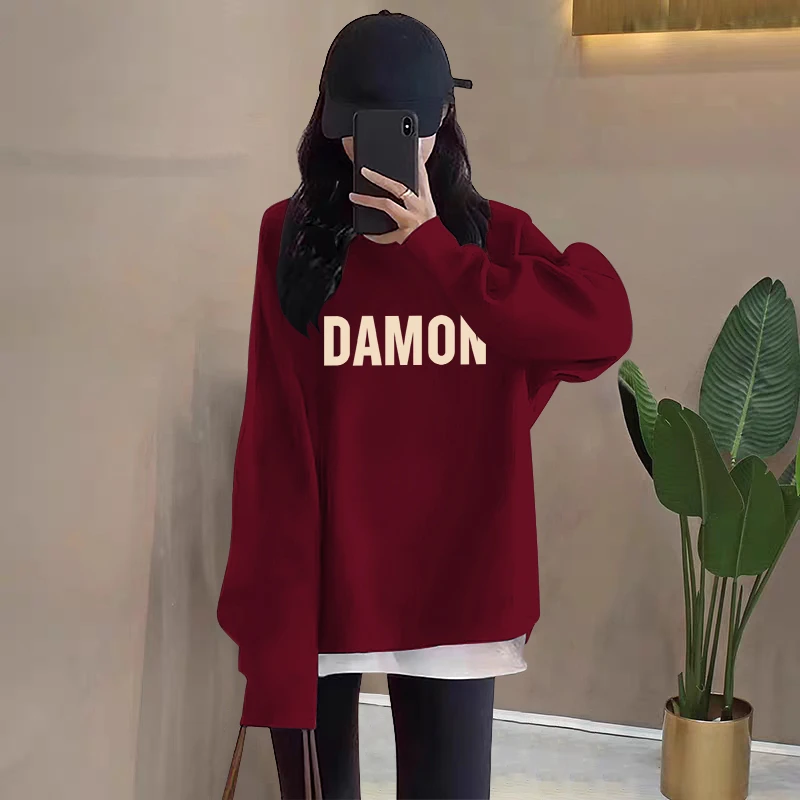 假两件圆领卫衣女2025秋冬新款宽松中长款遮屁股加绒加厚拼接上衣