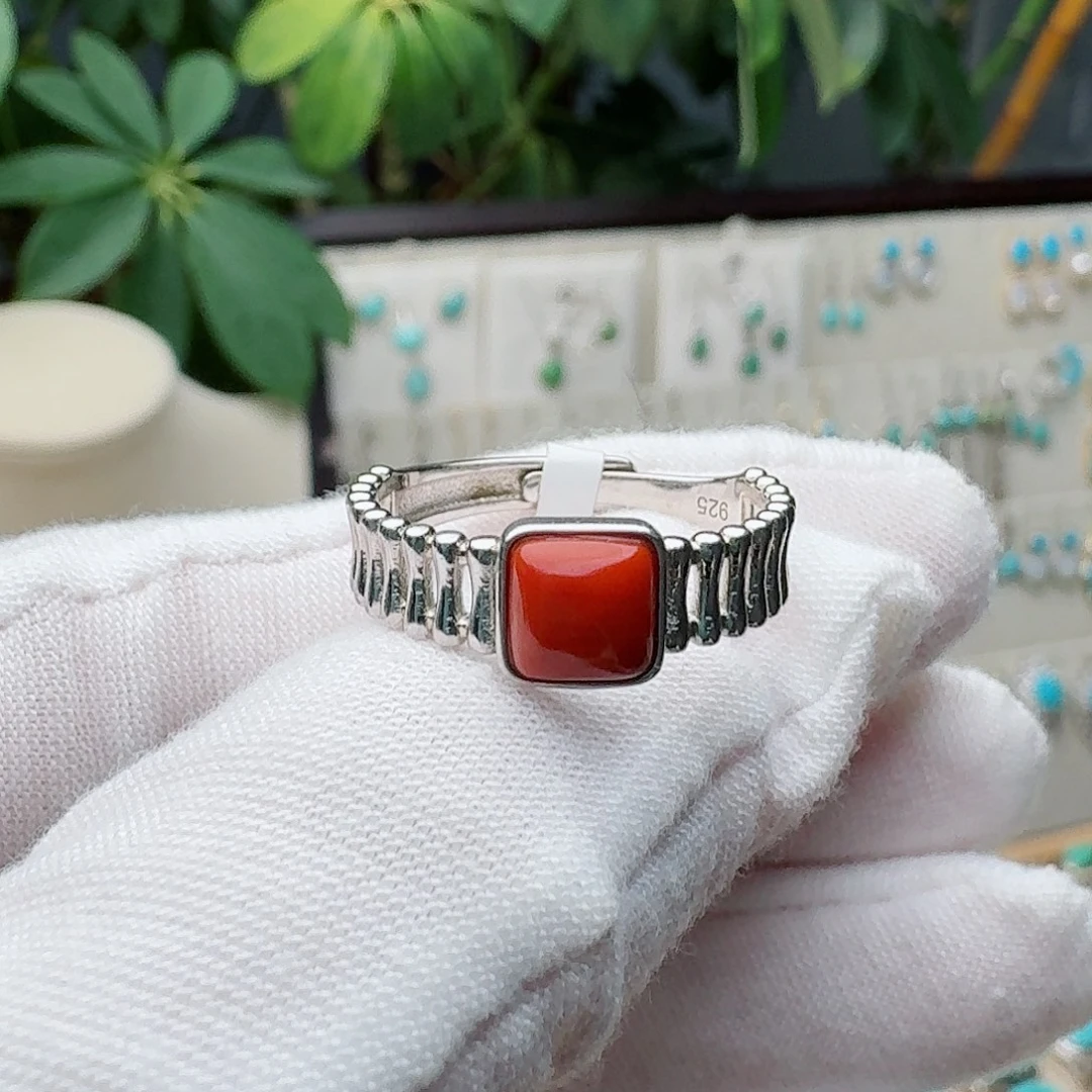 南红玛瑙银S925镶嵌戒指戒指