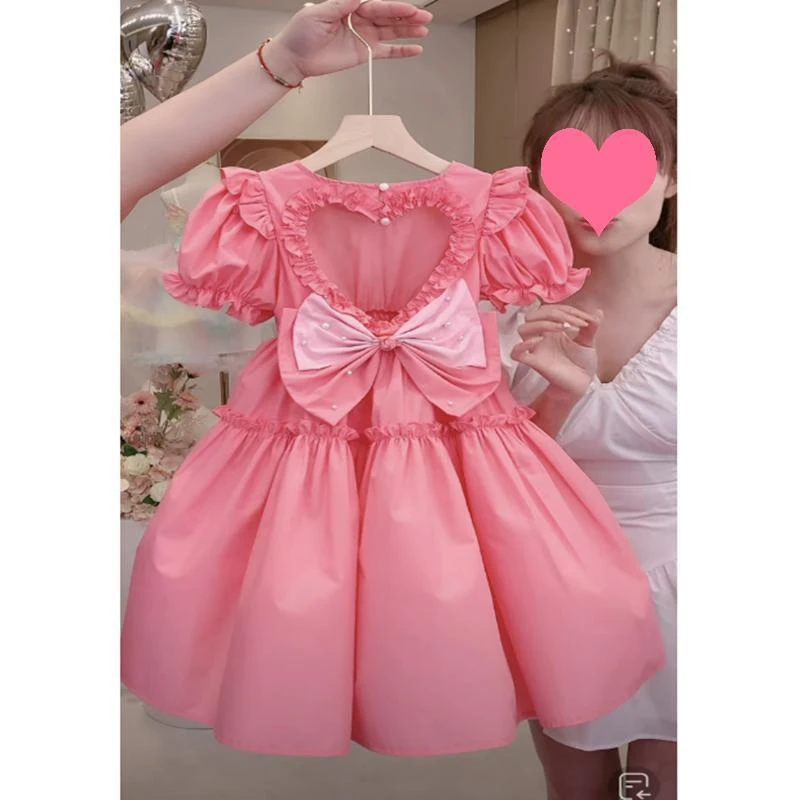 6Y163女童新款夏装洋气纯色公主裙泡泡袖镂空爱心蝴蝶结连衣裙