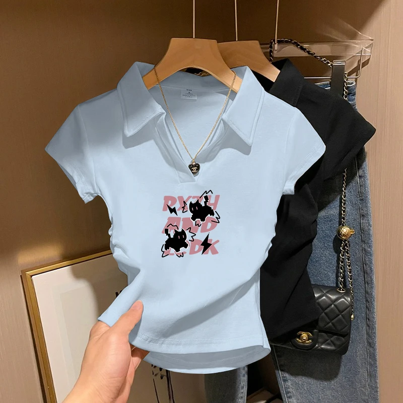 2025新款奶蓝色polo衫短袖夏季正肩t恤女小众修身收腰半袖v领上衣
