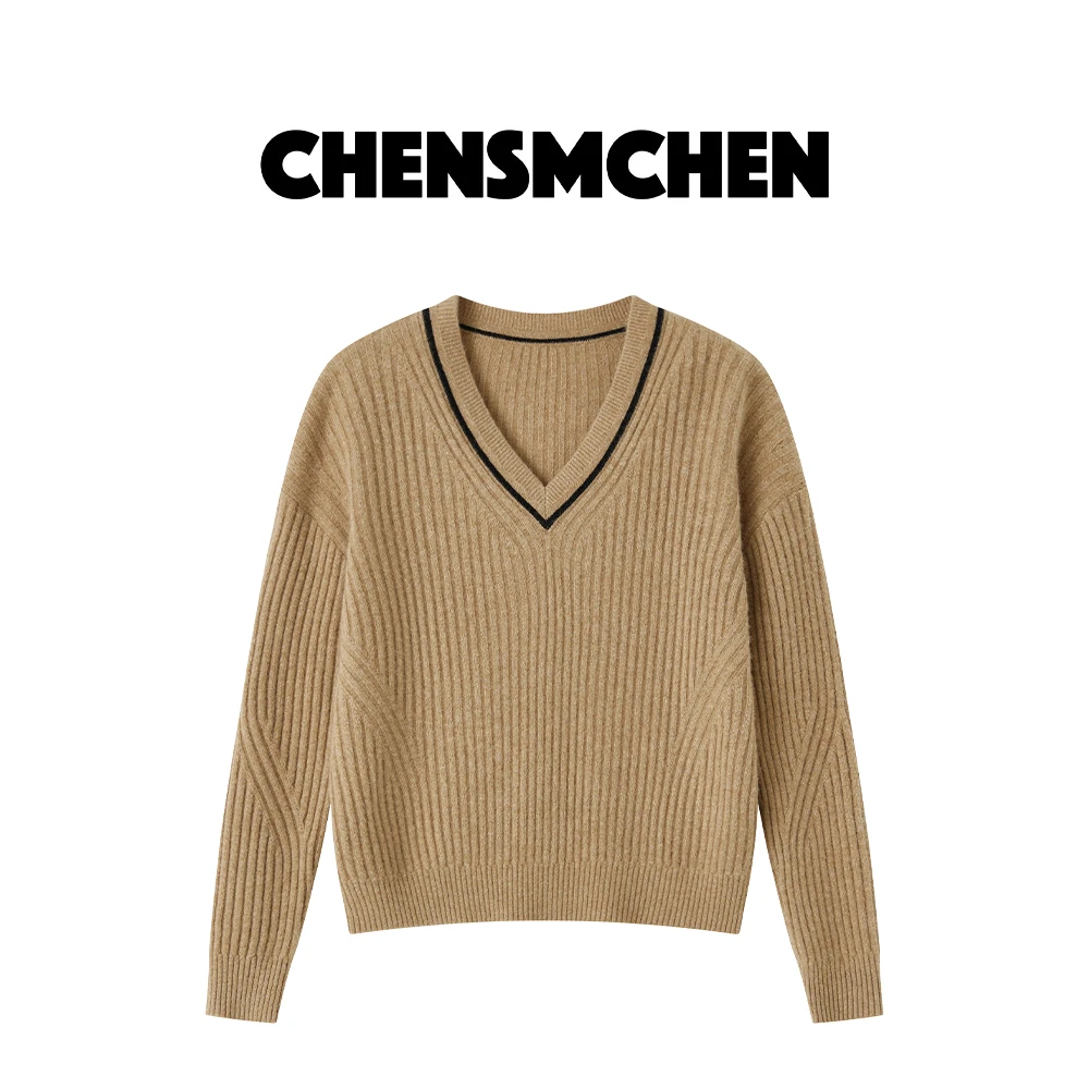 CHENSMCHEN 牦牛绒V领针织衫女冬季条纹设计感百搭上衣C24Z148YQ