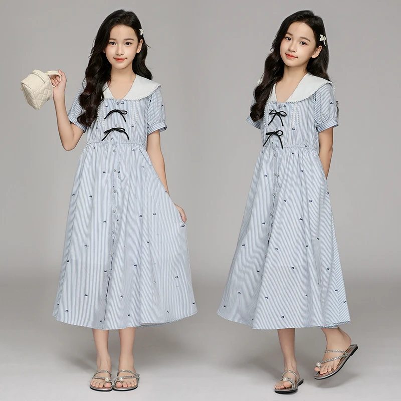 女童夏季显瘦连衣裙2025新款中大童收腰宽松裙子女孩条纹气质长裙
