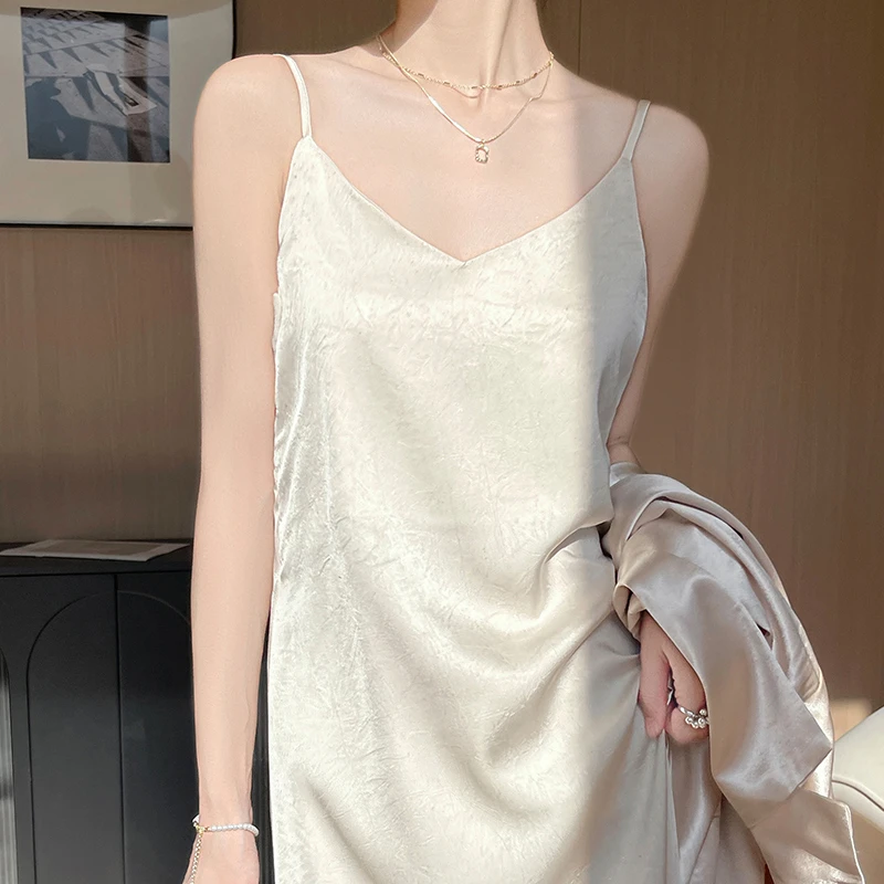 醋酸吊带连衣裙女夏高级感缎面提花裙子显瘦气质吊带长裙JR2501