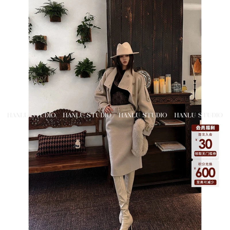 HANLU STUDIO手工坊系列100绵羊毛玛瑙灰双面呢高腰直筒五分裙冬
