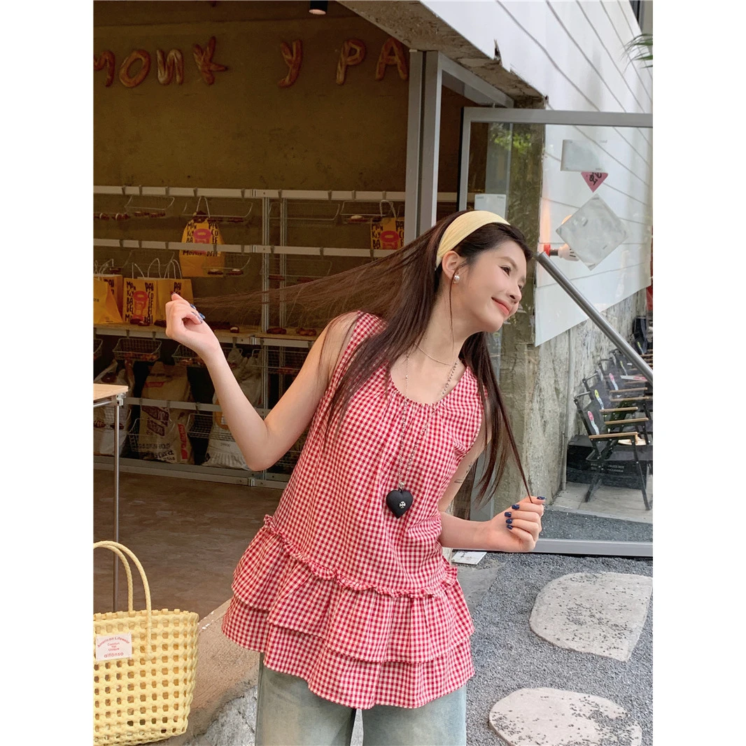 实拍春夏设计感韩系简约圆领格子无袖背心小衫甜美减龄宽松上衣