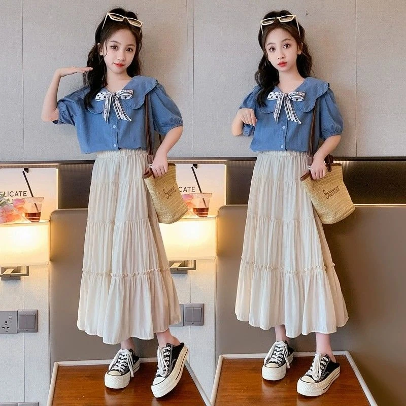 女童半身连衣裙夏装2025新款洋气套裙中大童牛仔短袖蛋糕裙两件套