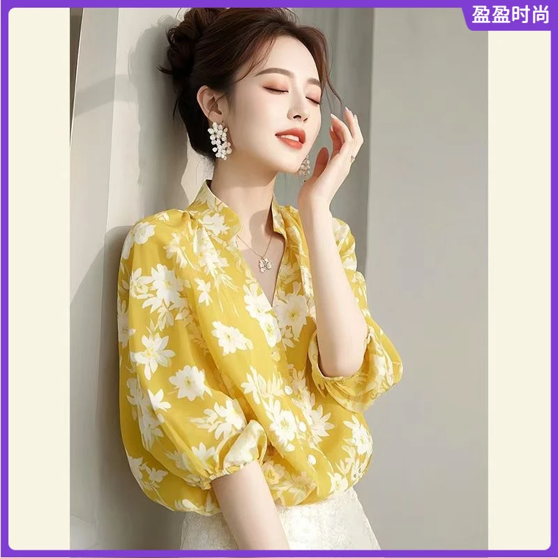 l今年流行漂亮高级感超好看上衣独特别致设计感黄色印花衬衫春季