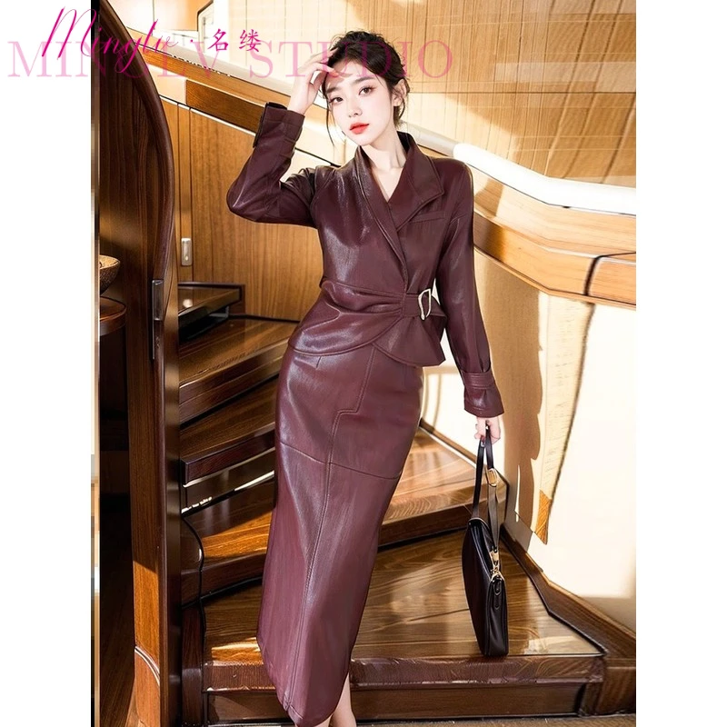 2025年春秋高级感安哥拉红色pu皮衣包臀显瘦长版半裙两件式洋装