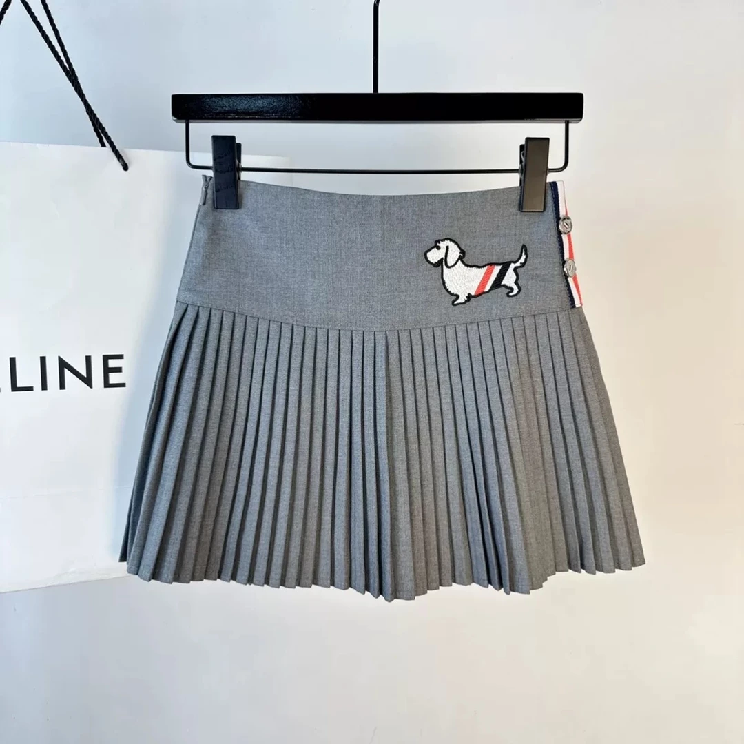 灰色百褶裙A字高腰显瘦百搭刺绣小狗半身裙学院风短裙女JY3716