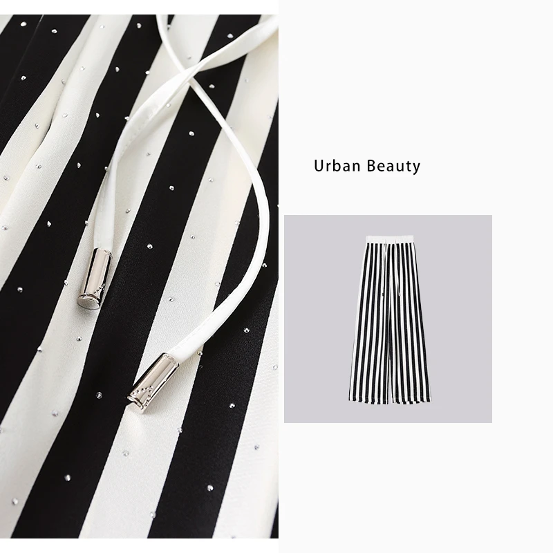 薄款简约夏季宽松条纹黑白高腰直筒瘦版阔腿裤海边度假裤子DF5289