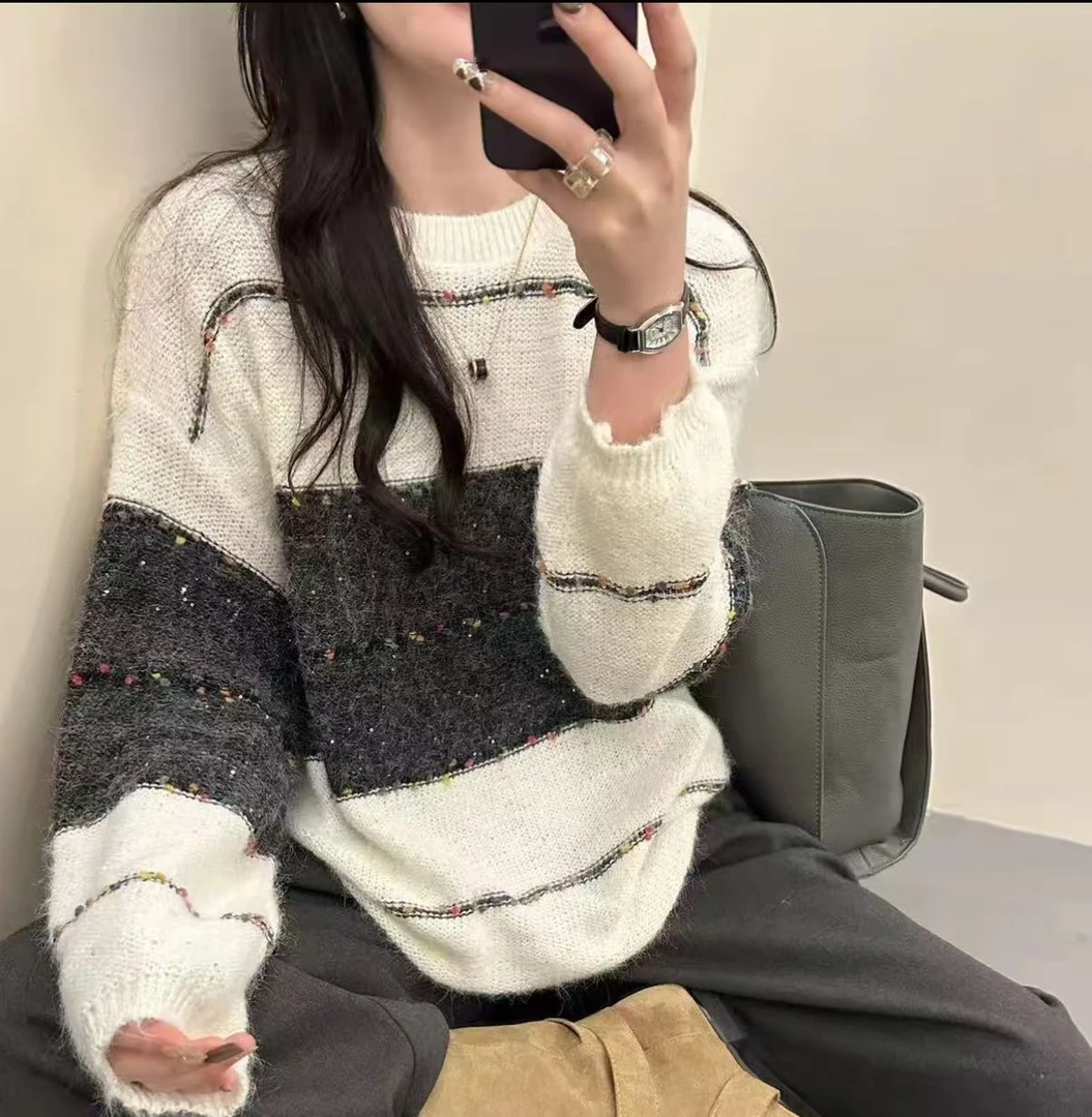 慵懒风针织长袖女休闲风毛针织衫套头女装宽松网红