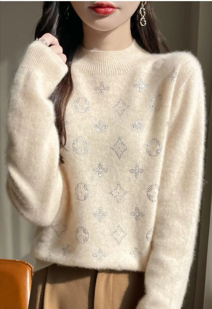 100羊毛闪钻小小花设计款半高领长袖纯色新款气质羊毛衫百搭女士