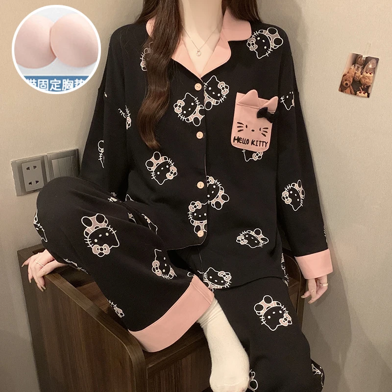 春秋季新款长袖长裤自带胸垫睡衣女卡通网红可爱家居服套装可外穿
