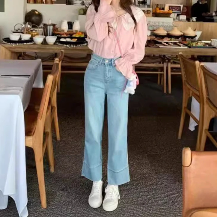 十三行复古高腰九分牛仔裤浅色宽松直筒阔腿裤