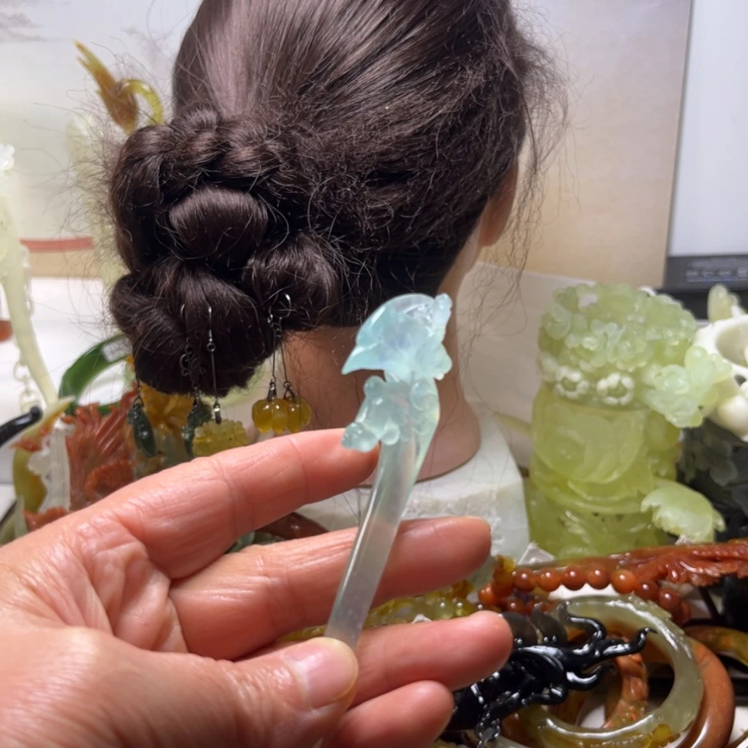 【闪购商品】蛇纹石玉发饰合金有**豆