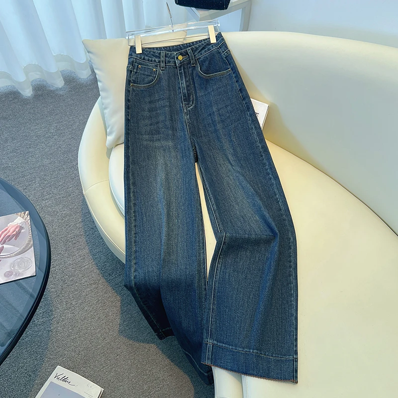 高腰阔腿窄版牛仔裤女春秋季2025年新款小个子显瘦宽松垂感直筒裤