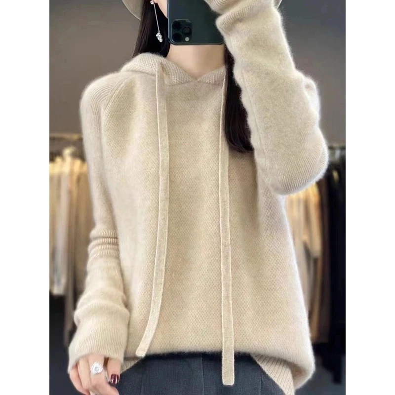 2025秋冬新款七针加厚100羊毛针织连帽衫套头上衣女 NJR-853