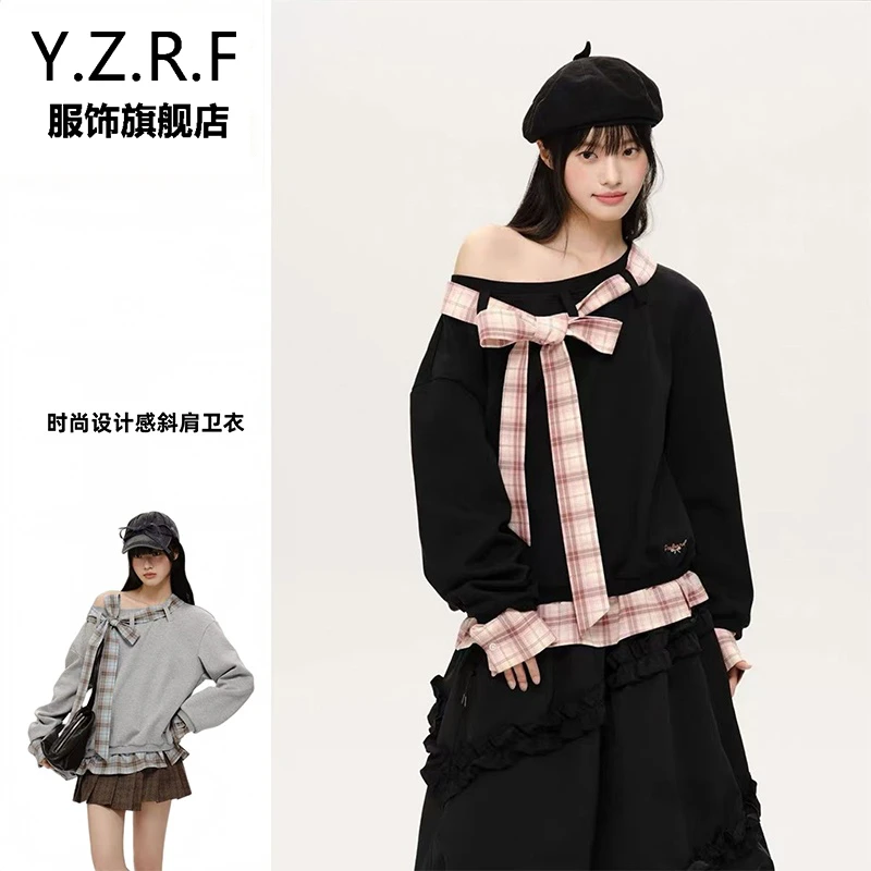 韩版纯欲风斜肩卫衣外套女格纹蝴蝶结绑带露肩穿搭长袖上衣