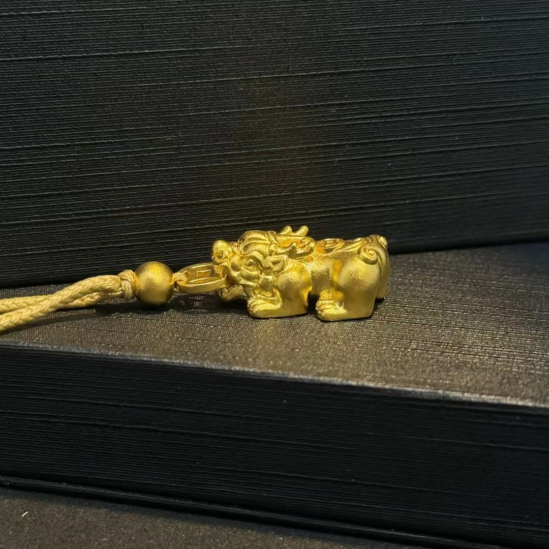 黄金足金999 古法如意貔貅铜钱吊坠招财