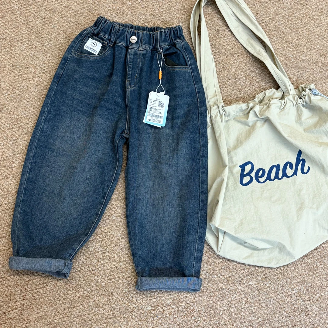 小熙家秋季新款休闲宽松男女大童米奇刺绣牛仔萝卜裤58303-130