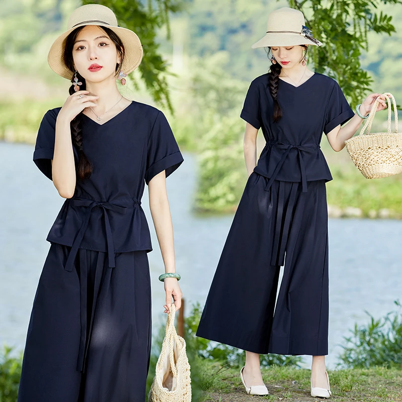 时尚套装女2025夏季新款高级感气质收腰上衣高腰垂感阔腿裤两件套