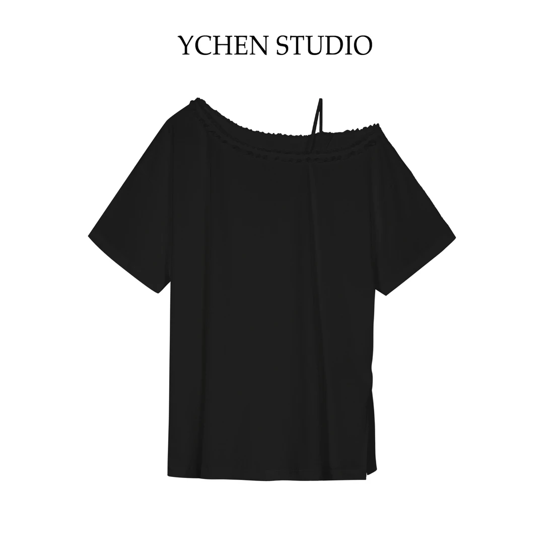 YCS【杉菜】夏季新款时尚圆领拼接蕾丝露肩百搭显瘦短袖T恤ZZ2245