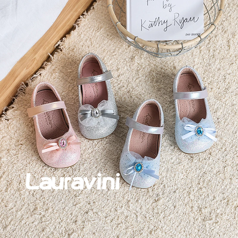 劳拉维尼2025年春季新款蓝色蝴蝶结水钻公主鞋艾莎小皮鞋防滑儿童