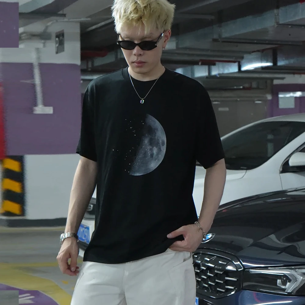 闪钻月球美式短袖t恤男2025夏季新款气场强大痞帅轻奢高级感衣服