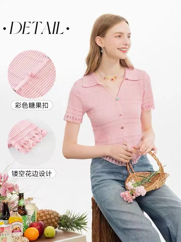 （565）大码正肩翻领短袖针织衫女夏季新款胖MM显瘦宽松遮肚子上衣