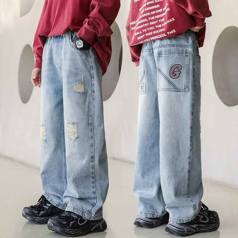 男童直筒牛仔裤春秋宽松2025中大童休闲韩版长裤破洞儿童裤子洋气