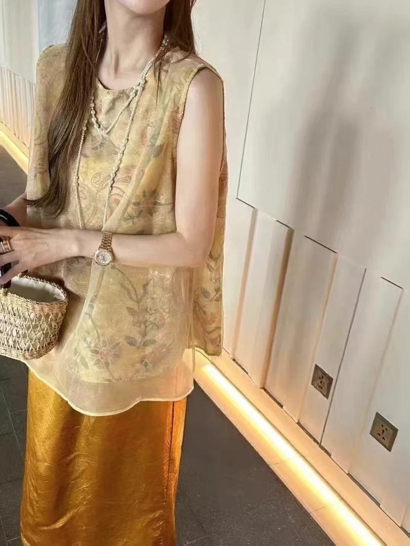 新中式国风小众拼接网纱宽松气质复古无袖上衣