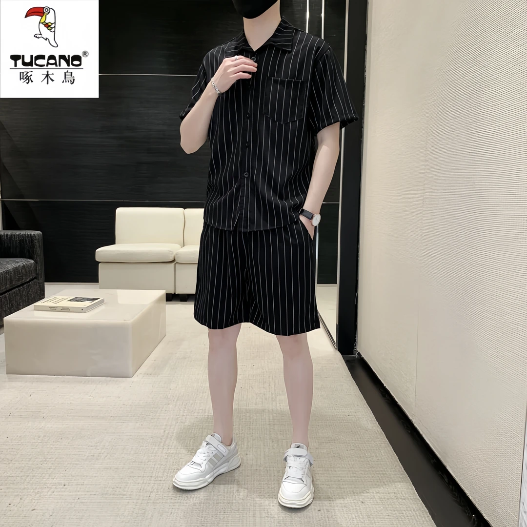 TUCANO/啄木鳥夏季轻薄条纹衬衫男士休闲套装痞帅短袖短裤高级感