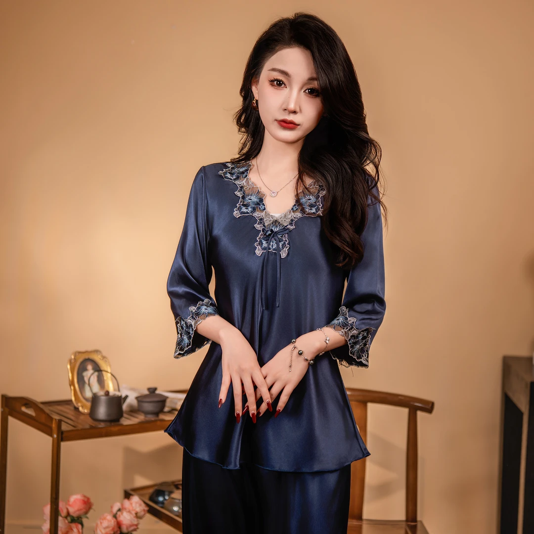 上海故事睡衣女春秋款2025新款冰丝性感套装大码真丝绸家居服复古