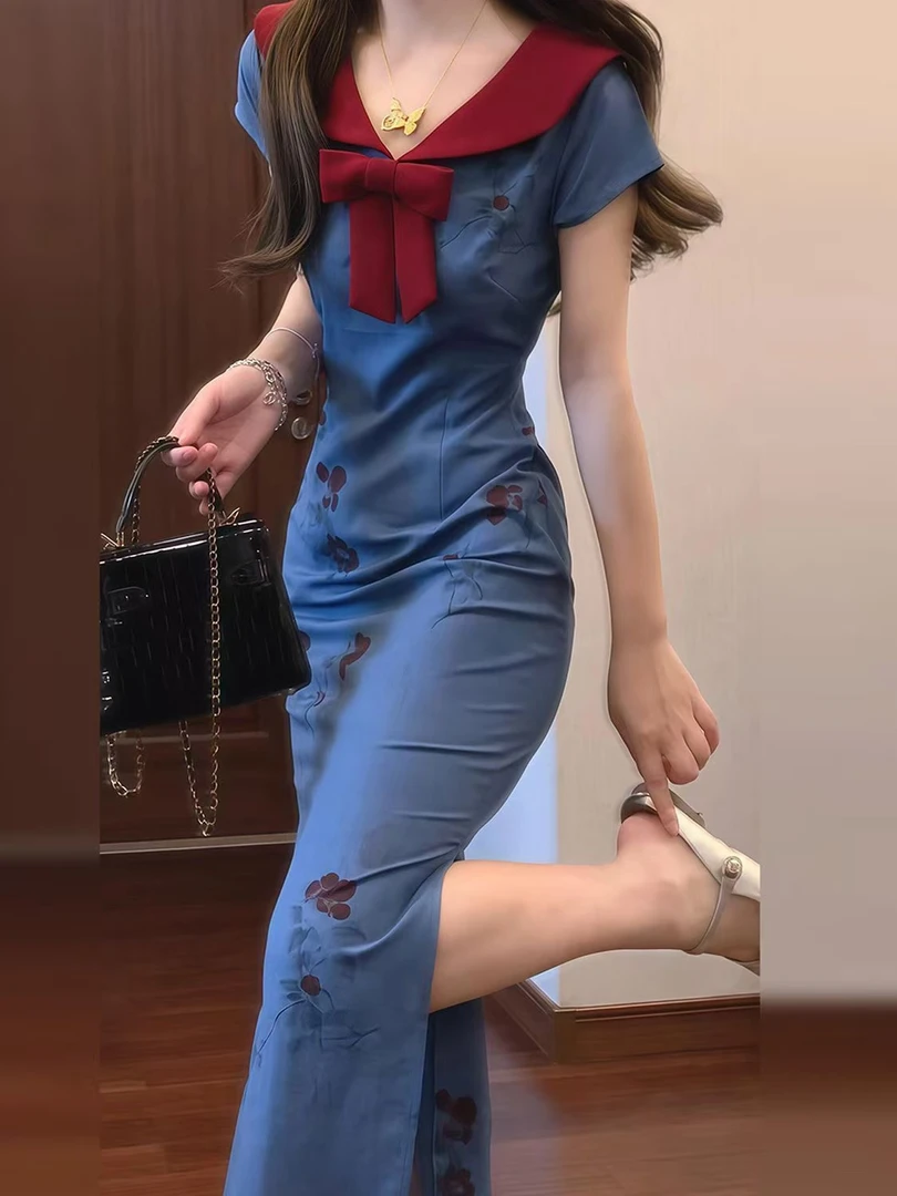 夏季服装显瘦碎花日常海妖风条纹长袖连衣裙复古中式