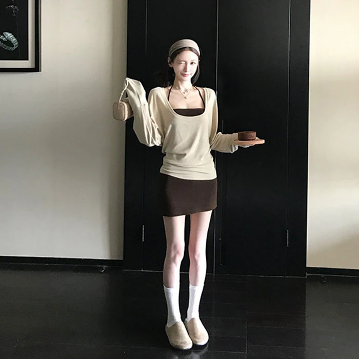 纯欲套装长袖T恤内搭吊带背心秋冬季包臀半身裙三件套显瘦气质