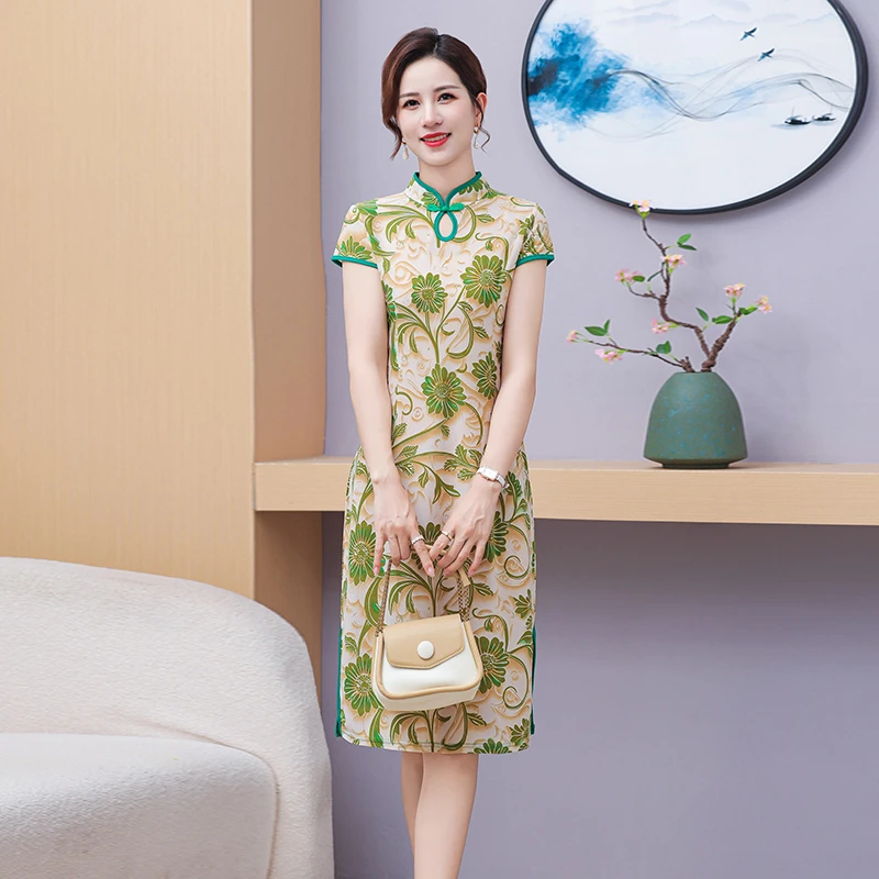 妈妈装复古旗袍夏装长款连衣裙中老年女装洋气显瘦短袖裙子包邮