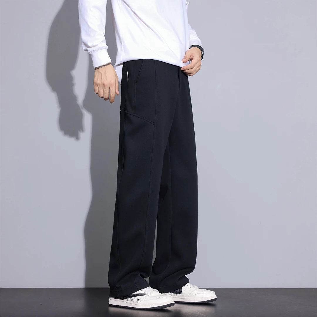 Kuvine2025冬季加绒加厚男士裤子宽松直筒黑色简约百搭休闲裤男款