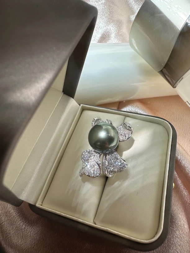 12-13mm孔雀蓝海水黑珍珠戒指（蓝色妖姬）