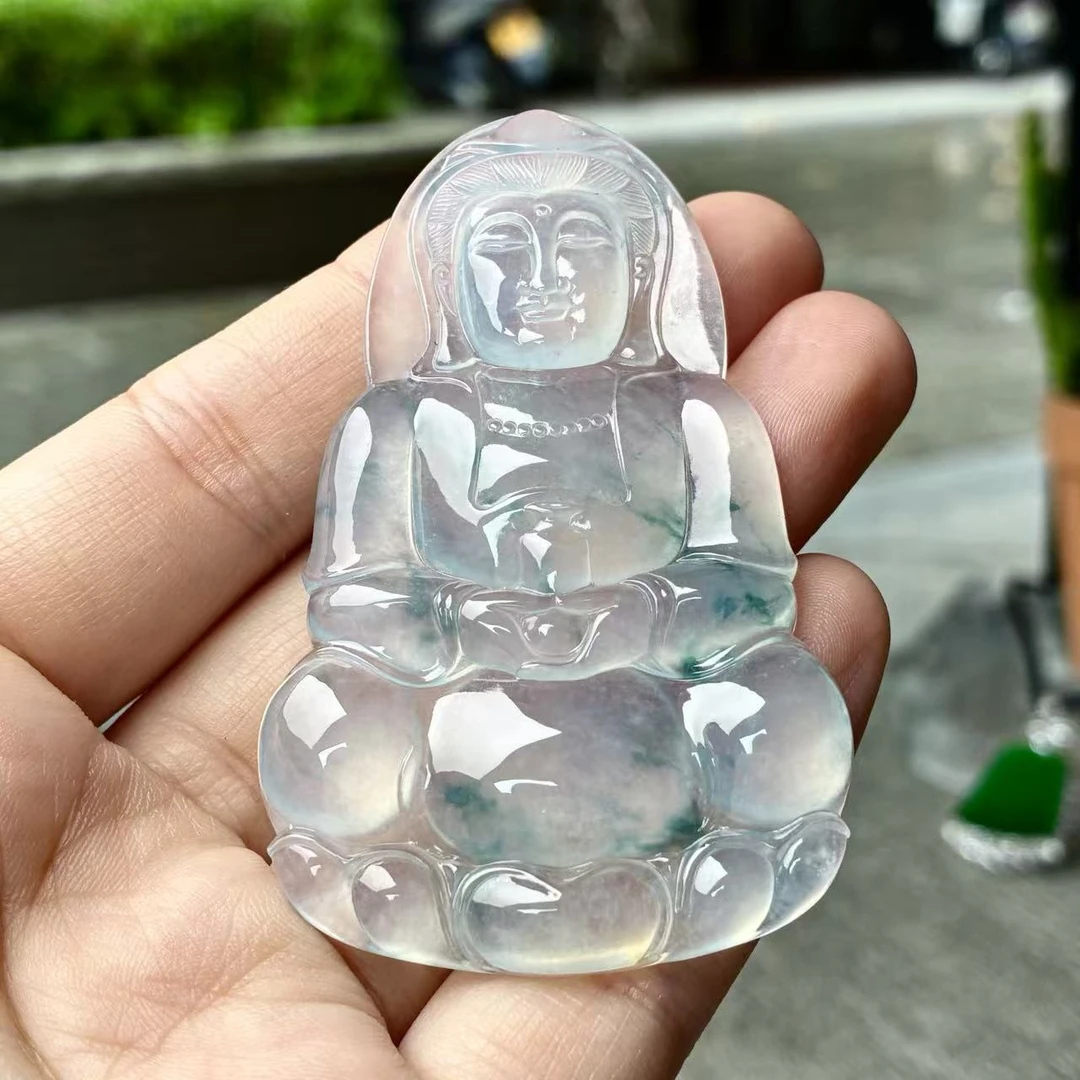 天然a货缅甸翡翠自然光尺寸67.6/42/5.6,高冰飘蓝花正装观音吊坠