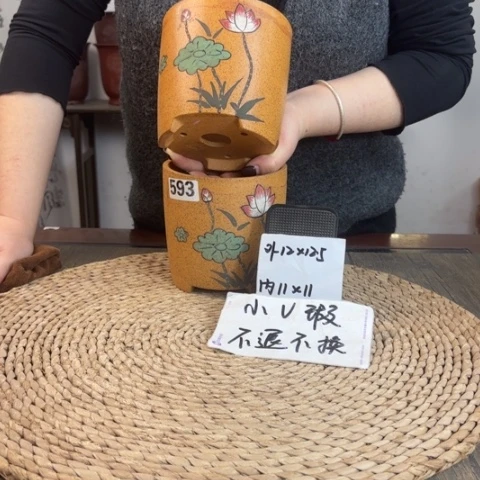 紫砂花盆柴烧手绘直筒到手两只593