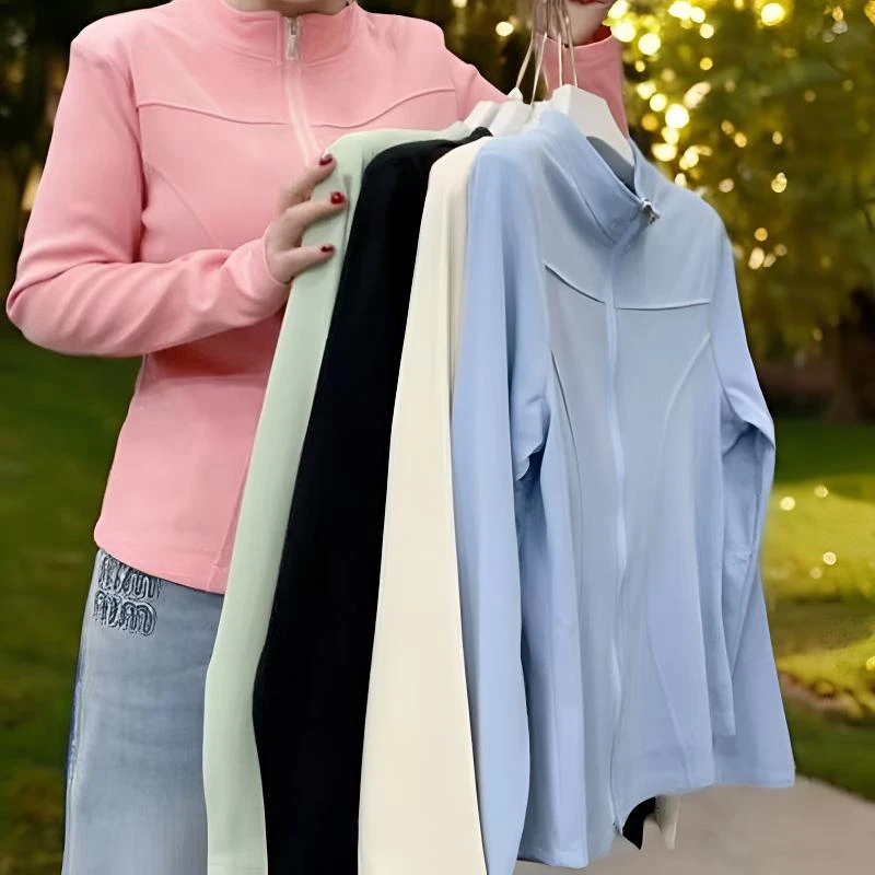 彩色瑜伽服胖mm大码纯欲显瘦长袖休闲运动时尚立领纯色爆款上衣女