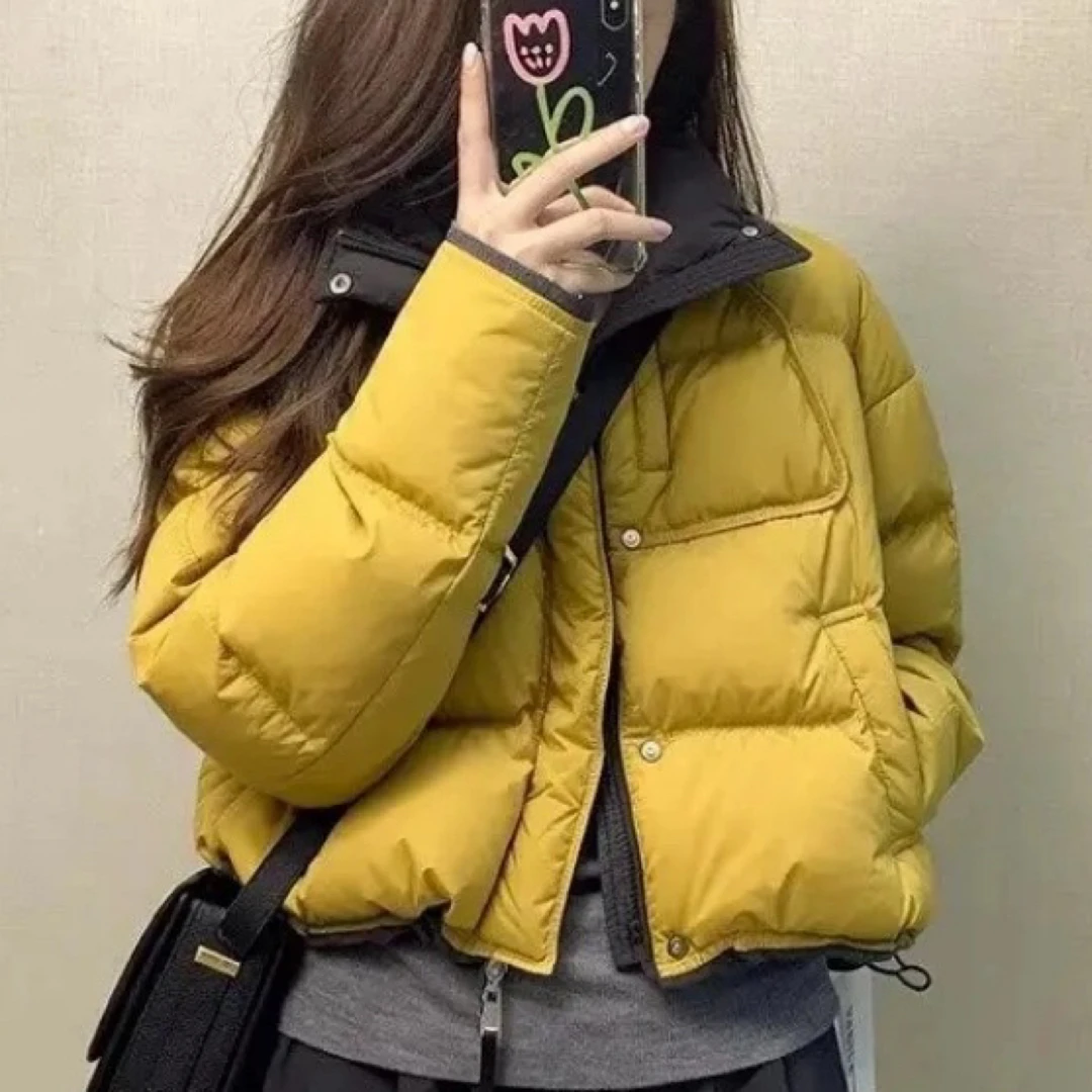 2025巨好看的黄色撞色棉服女冬小个子韩系短款面包服厚外套棉袄