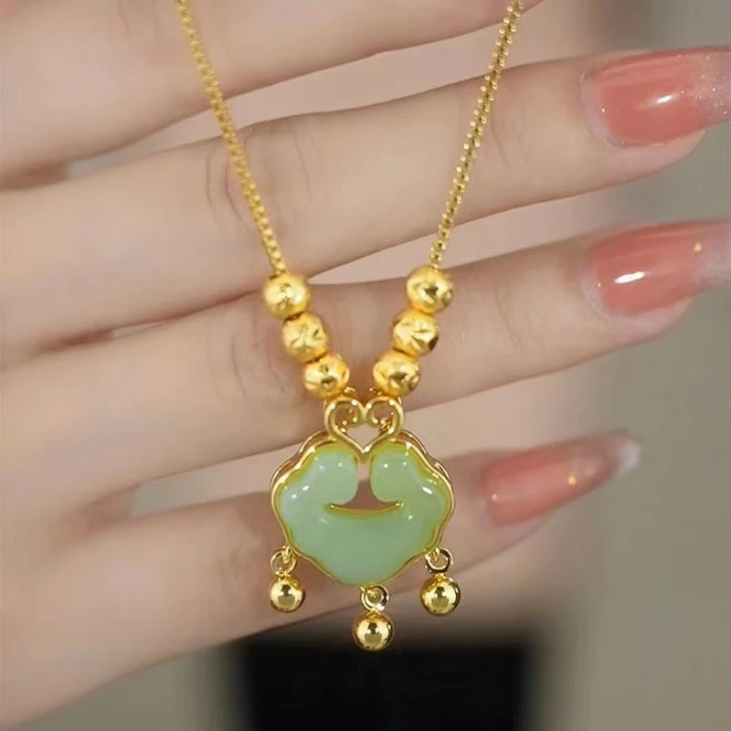 铜合金项链 六福珠平安锁项链女气质小众轻奢简约祥云锁锁骨链