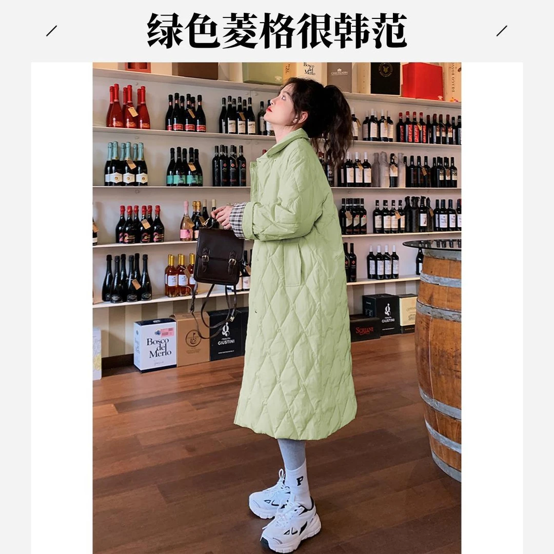 超好看绿色菱格轻薄羽绒服女冬2025新款韩系宽松中长款过膝厚外套