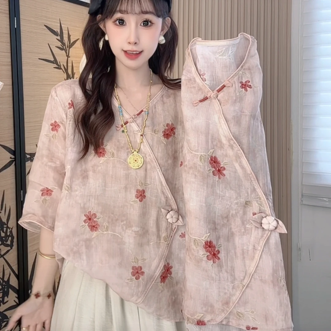 【碎花玉扣】新中式国风斜襟盘扣女2025夏季新款宽松休闲上衣