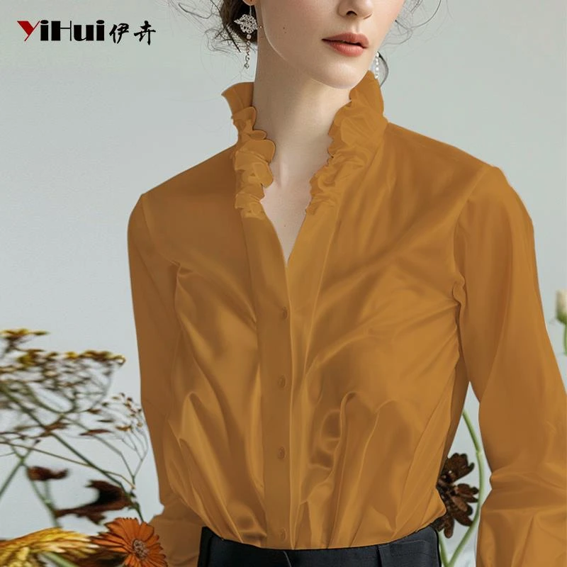 YIHUI伊卉衬衫女长袖上衣设计感木耳边立领衬衣修身显瘦SC242666